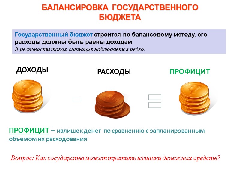 БАЛАНСИРОВКА ГОСУДАРСТВЕННОГО БЮДЖЕТА Государственный бюджет строится по балансовому методу, его расходы должны быть равны